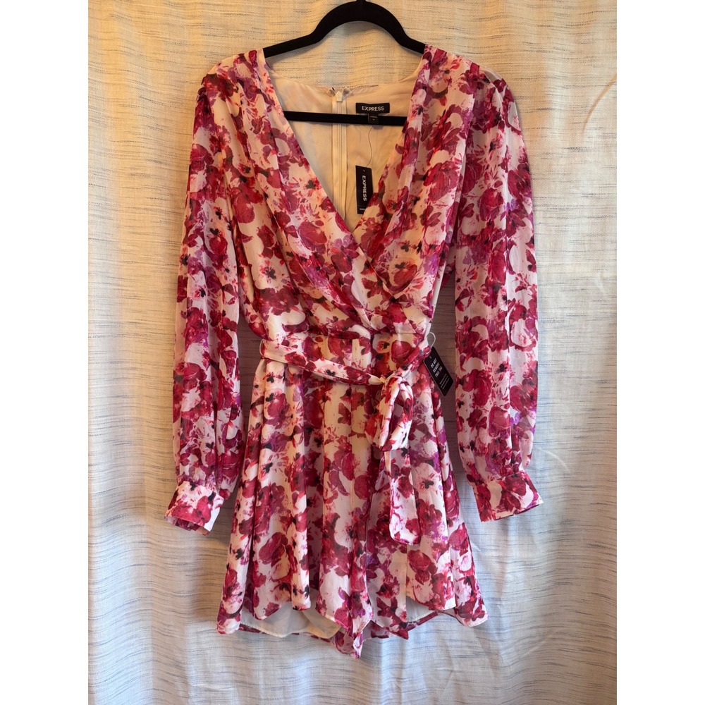 Express Pink Floral Long Sleeve Wrap Front Romper Size M NWT